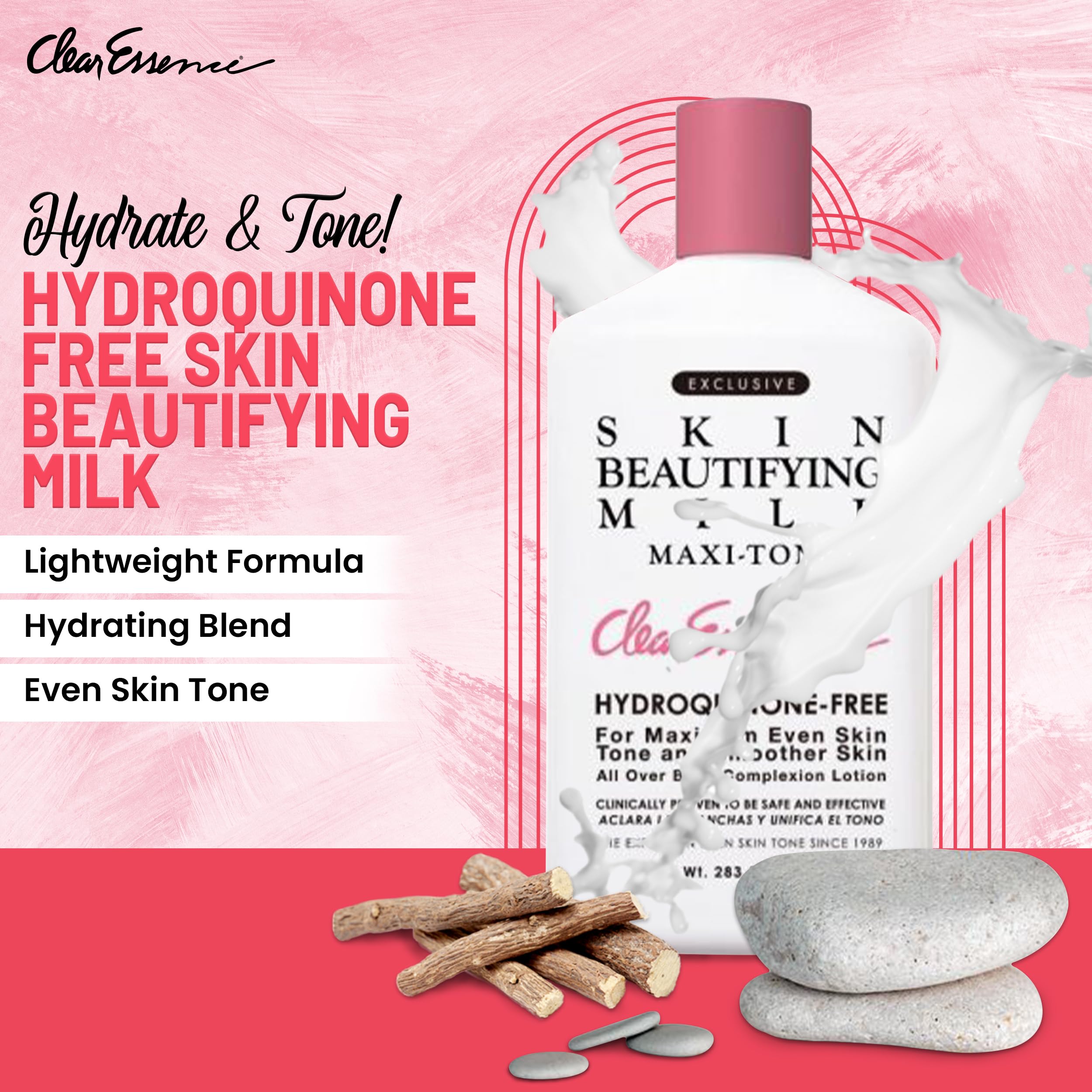 Clear Essence Exclusive Skin Beautifying Milk texture-closeup shows hydroquinone-free formula for gentle hydration