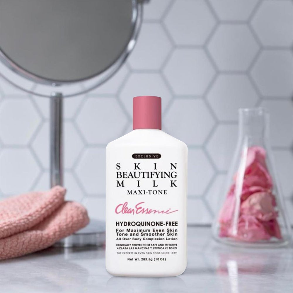 Clear Essence Exclusive Skin Beautifying Milk tube-top illustrates a simple skincare routine