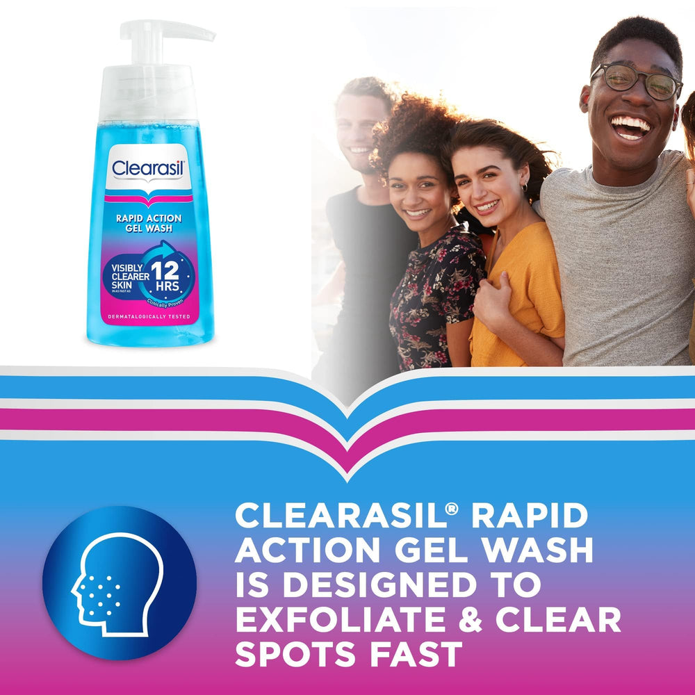 Clearasil Ultra Rapid Action Gel Wash face-closeup highlights skin clarity and cleansing.