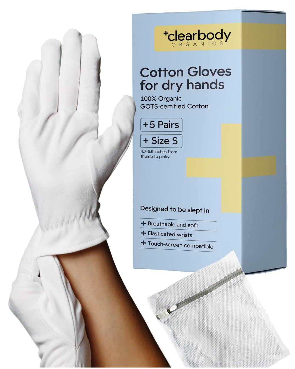 Clearbody Organics gloves pack five flat lay showing clean white for sensitive skin.