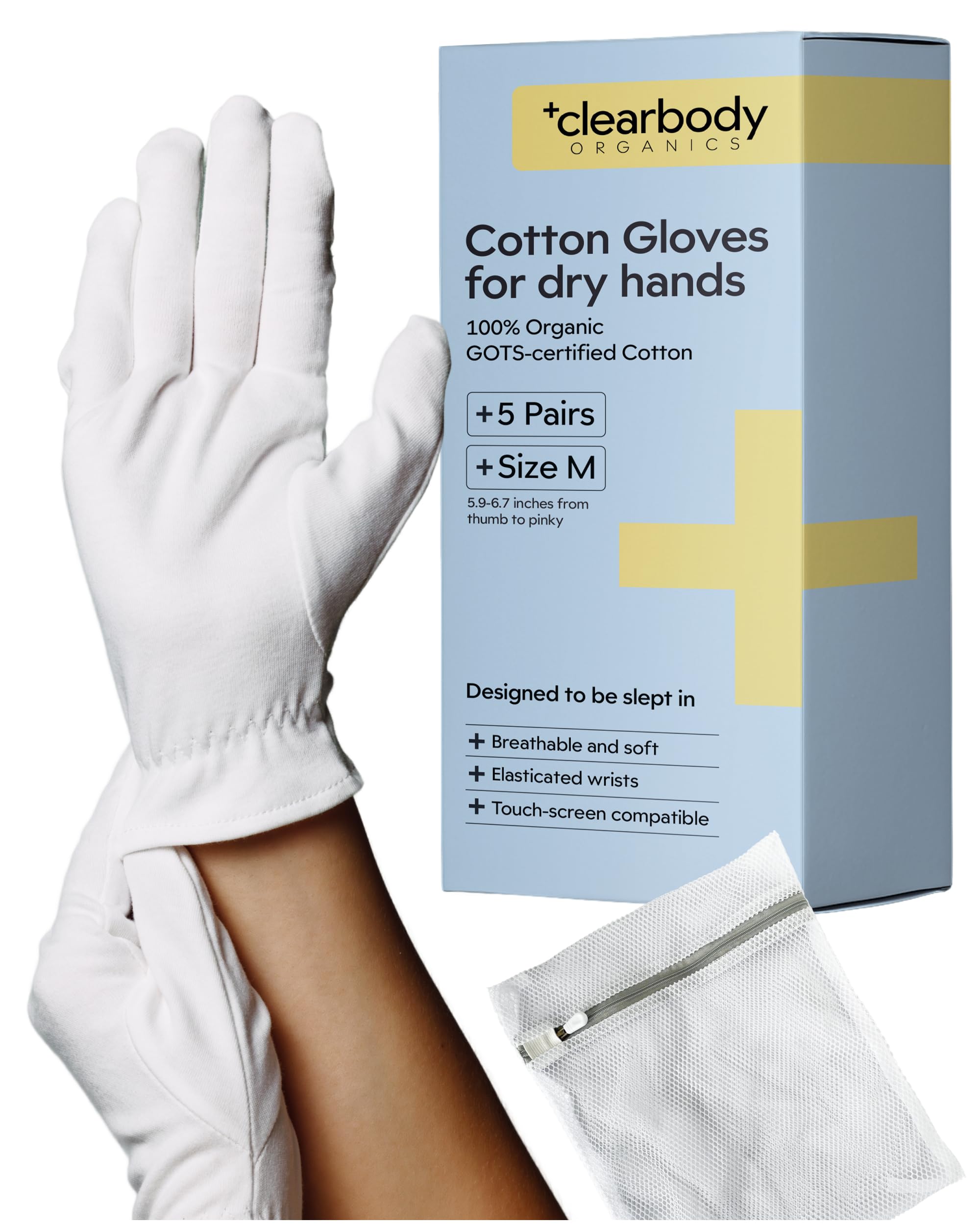 Clearbody Organics gloves front view packaging—breathable 100% organic cotton for gentle wear.