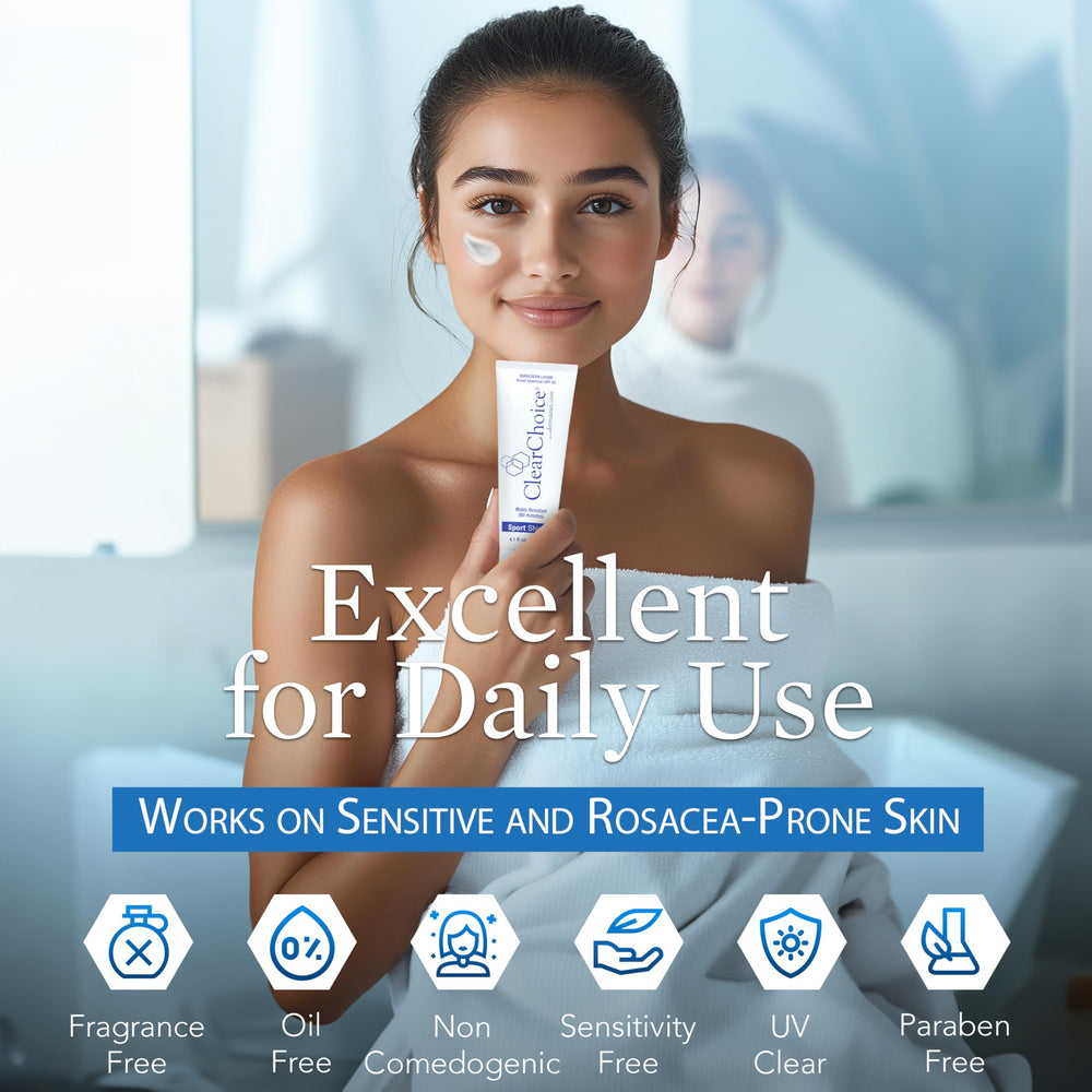 ClearChoice sunscreen with hyaluronic acid emphasizes hydration for comfort.