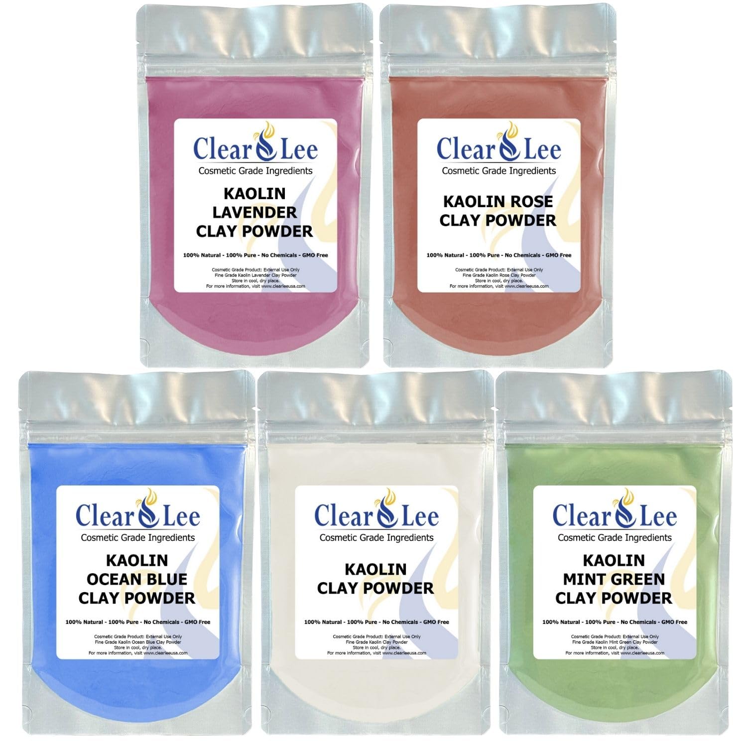 ClearLee white kaolin powder collection for gentle cleansing and detox masks.