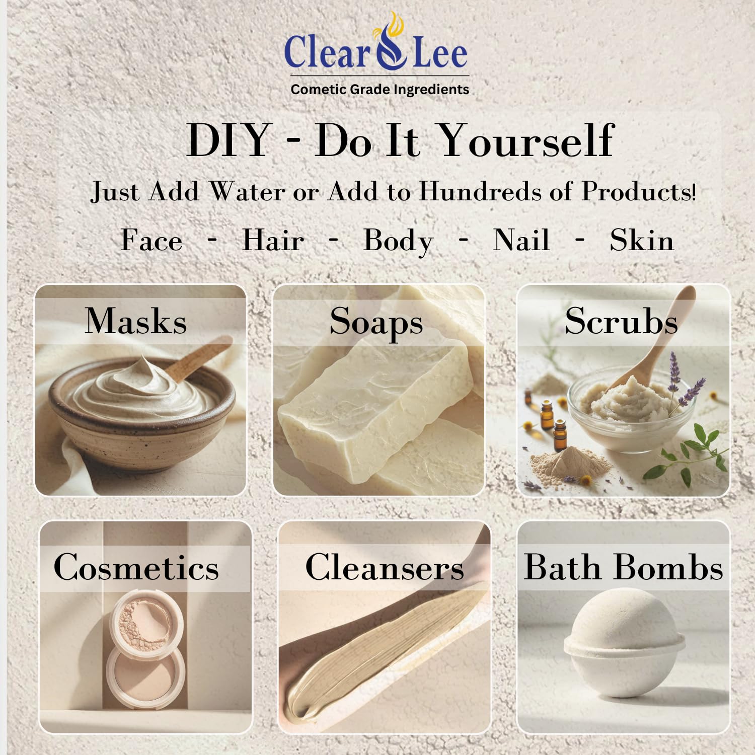 ClearLee Kaolin Clay powder with scoop in bag emphasizes convenient measuring and handling