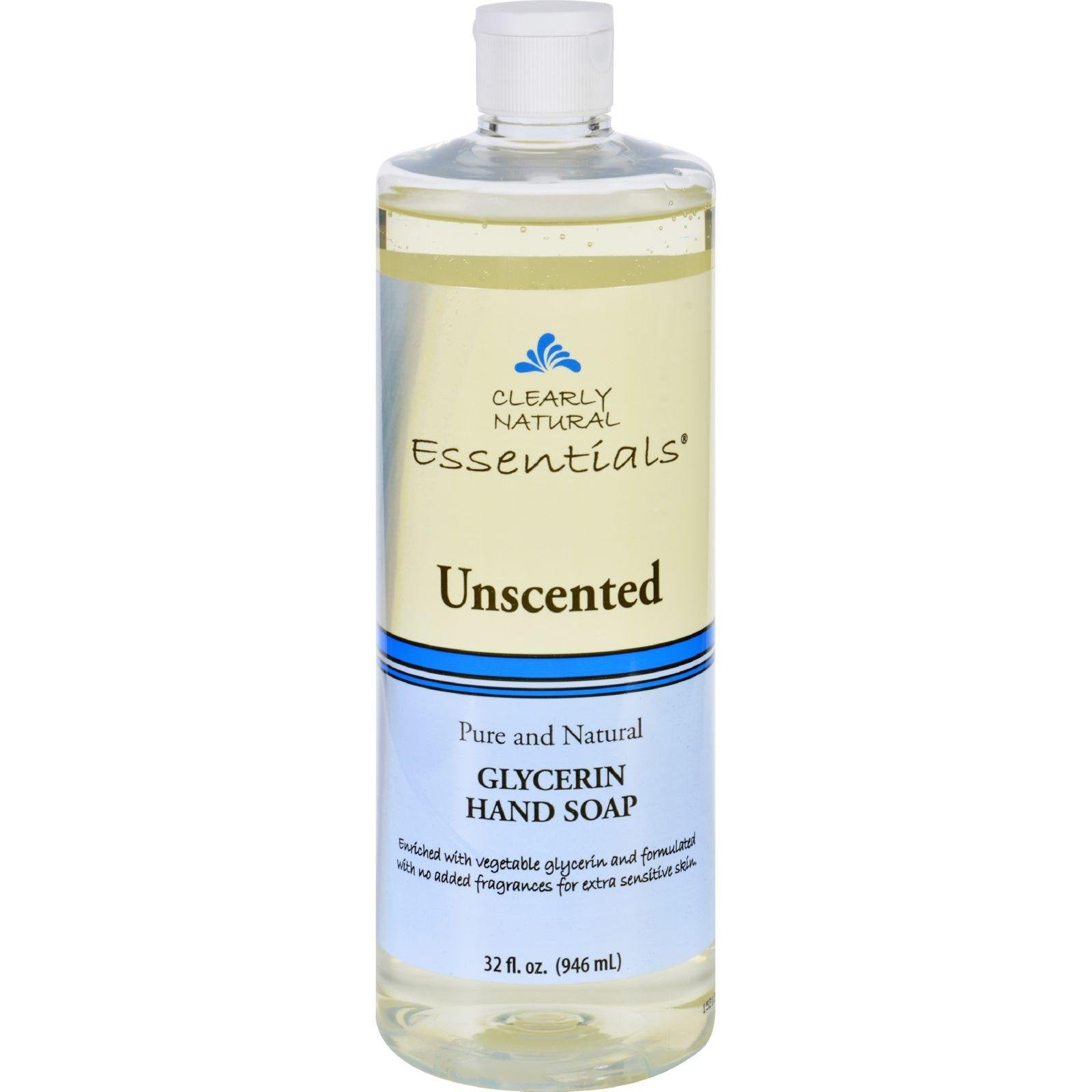 Clearly Natural liquid glycerine hand soap refill bottle shows unscented formula for gentle, moisturizing hand cleansing at home