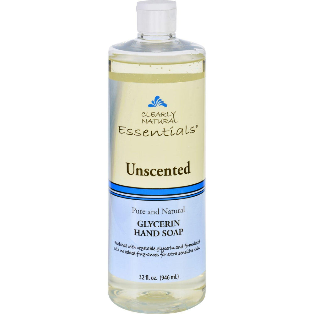Clearly Natural liquid glycerine hand soap refill bottle shows unscented formula for gentle, moisturizing hand cleansing at home