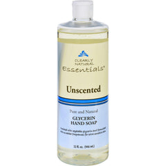 Clearly Natural liquid glycerine hand soap refill bottle shows unscented formula for gentle, moisturizing hand cleansing at home