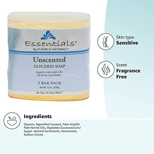 Clearly Natural unscented glycerin bar soap lather demonstrates gentle cleansing for sensitive skin.