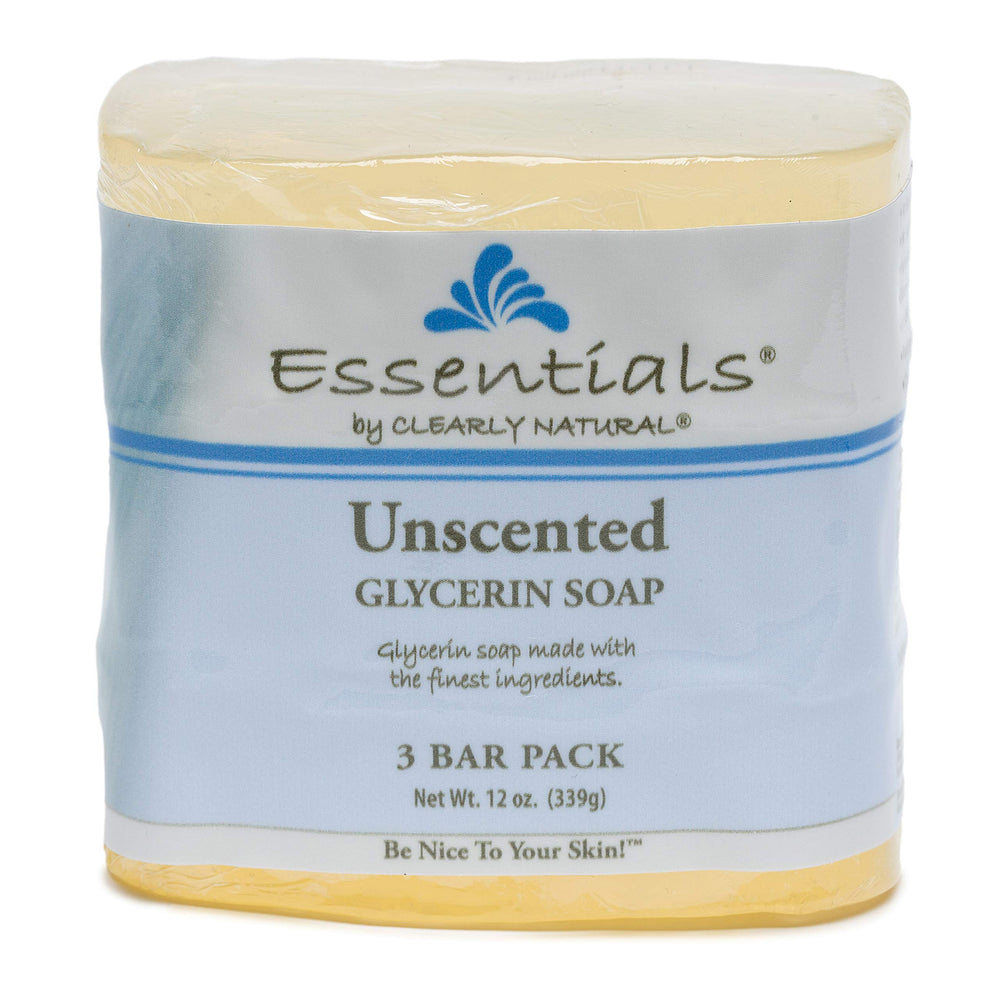 Clearly Natural unscented glycerin bar soap packaging variant highlights fragrance-free, cruelty-free formula.