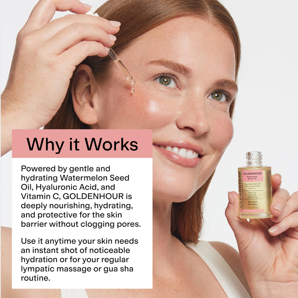Close-up on CLEARSTEM GOLDENHOUR ingredients with hyaluronic acid and watermelon seed oil.