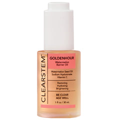CLEARSTEM GOLDENHOUR oil bottle illustrates long-lasting hydration for a soft, dewy complexion.