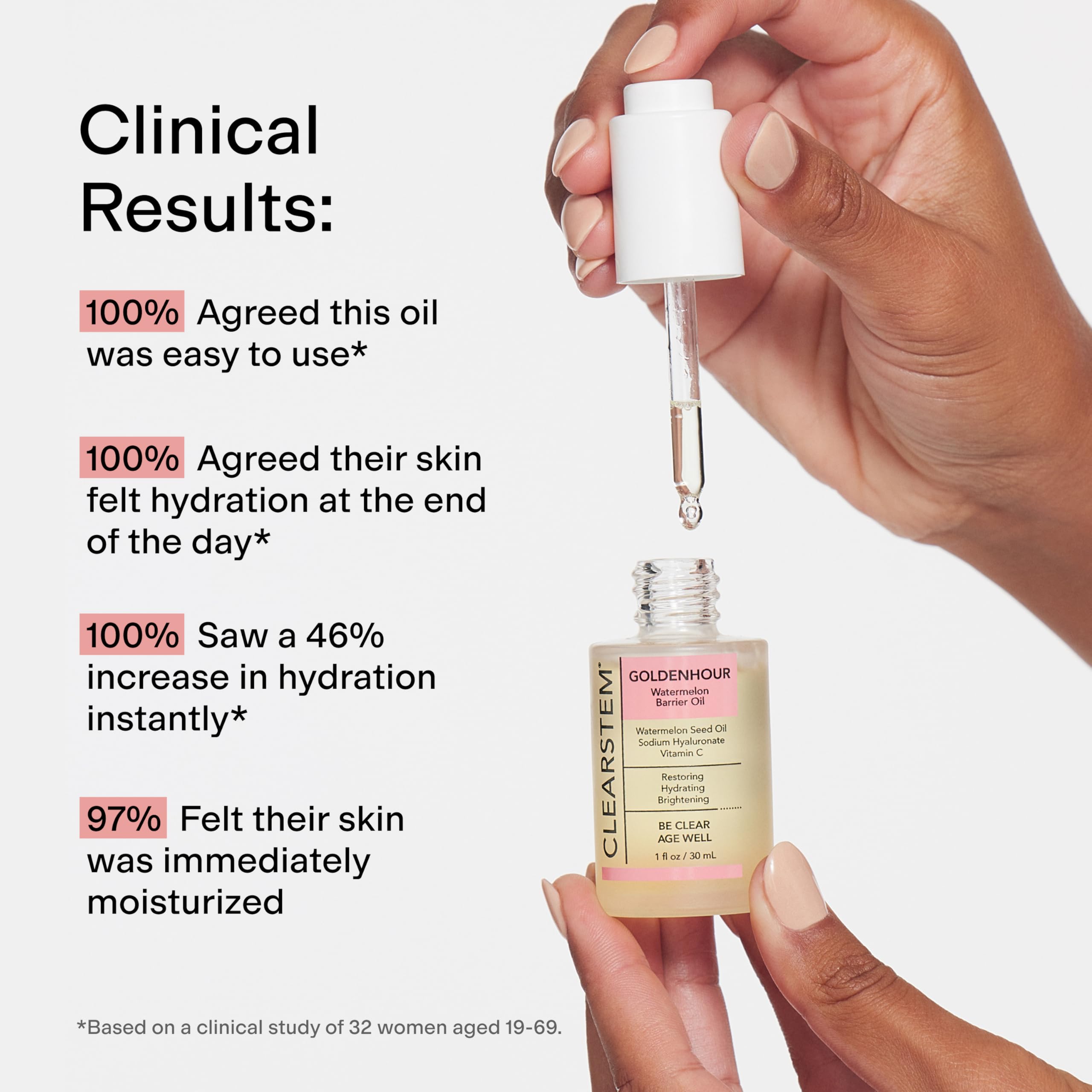 The CLEARSTEM GOLDENHOUR glow on skin suggests radiant, even-toned appearance.