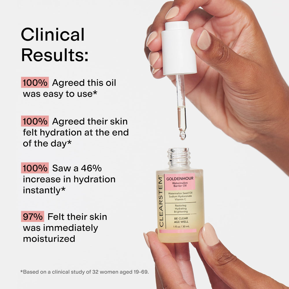 The CLEARSTEM GOLDENHOUR glow on skin suggests radiant, even-toned appearance.