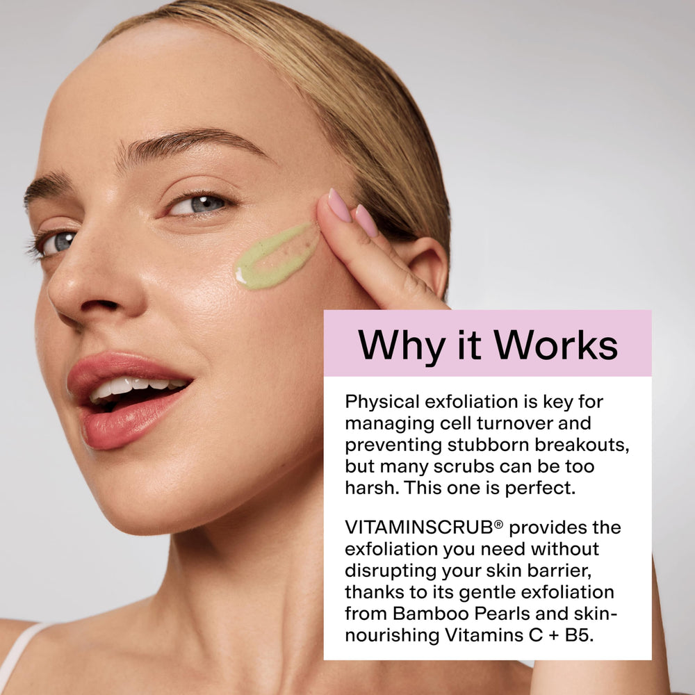 CLEARSTEM VITAMINSCRUB packaging-box highlighting gluten-free, cruelty-free formulation.
