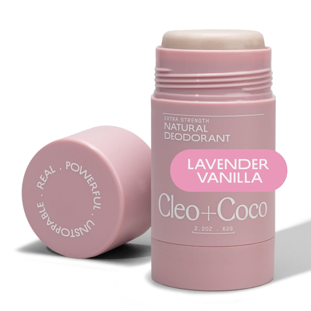 Cleo + Coco Lavender Vanilla balm packaging highlights vegan, aluminum-free deodorant for clean freshness.