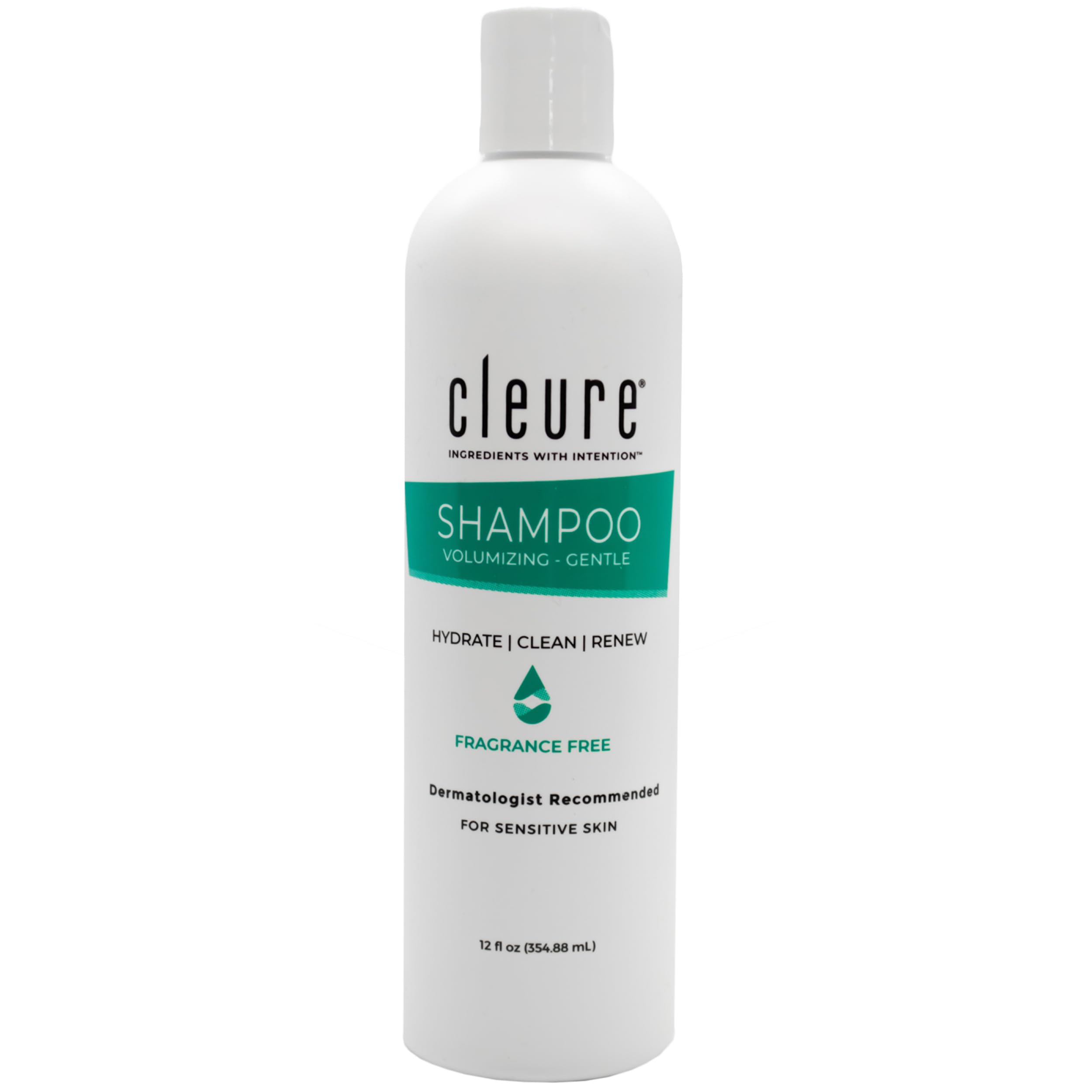 Cleure hypoallergenic volumizing shampoo bottle shows fragrance-free cleansing for sensitive skin