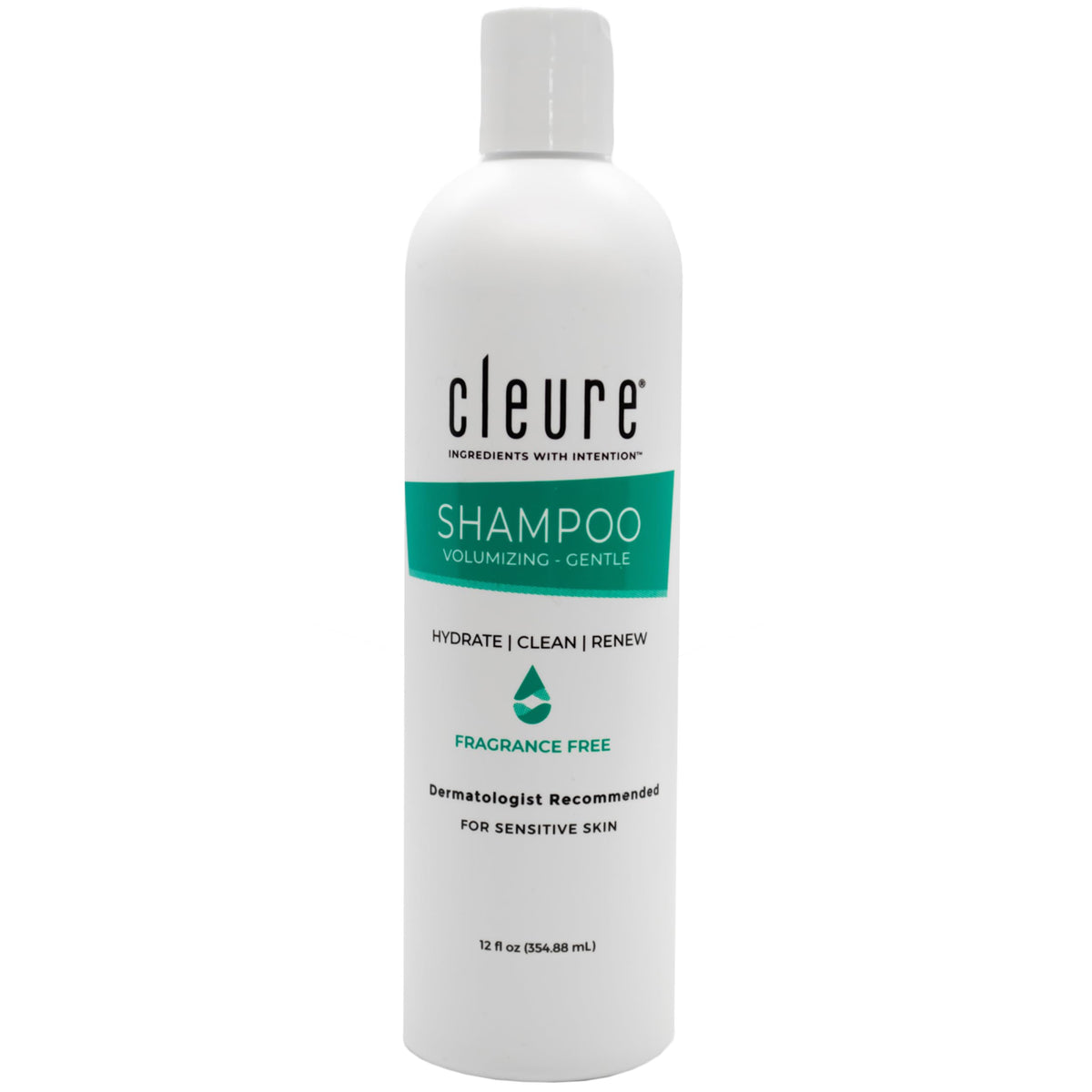 Cleure hypoallergenic volumizing shampoo bottle shows fragrance-free cleansing for sensitive skin