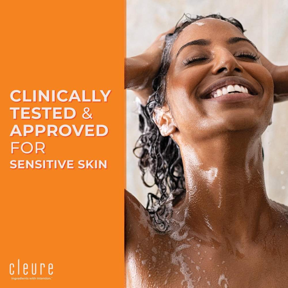 Cleure hypoallergenic volumizing shampoo label highlights fragrance-free, dye-free safety features