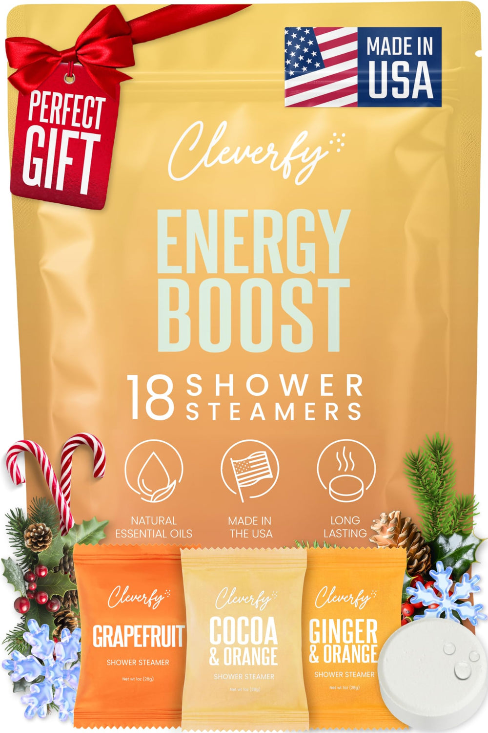 CLEVERFY Citrus Shower Steamers packaging shows gift-ready design for stocking stuffers.