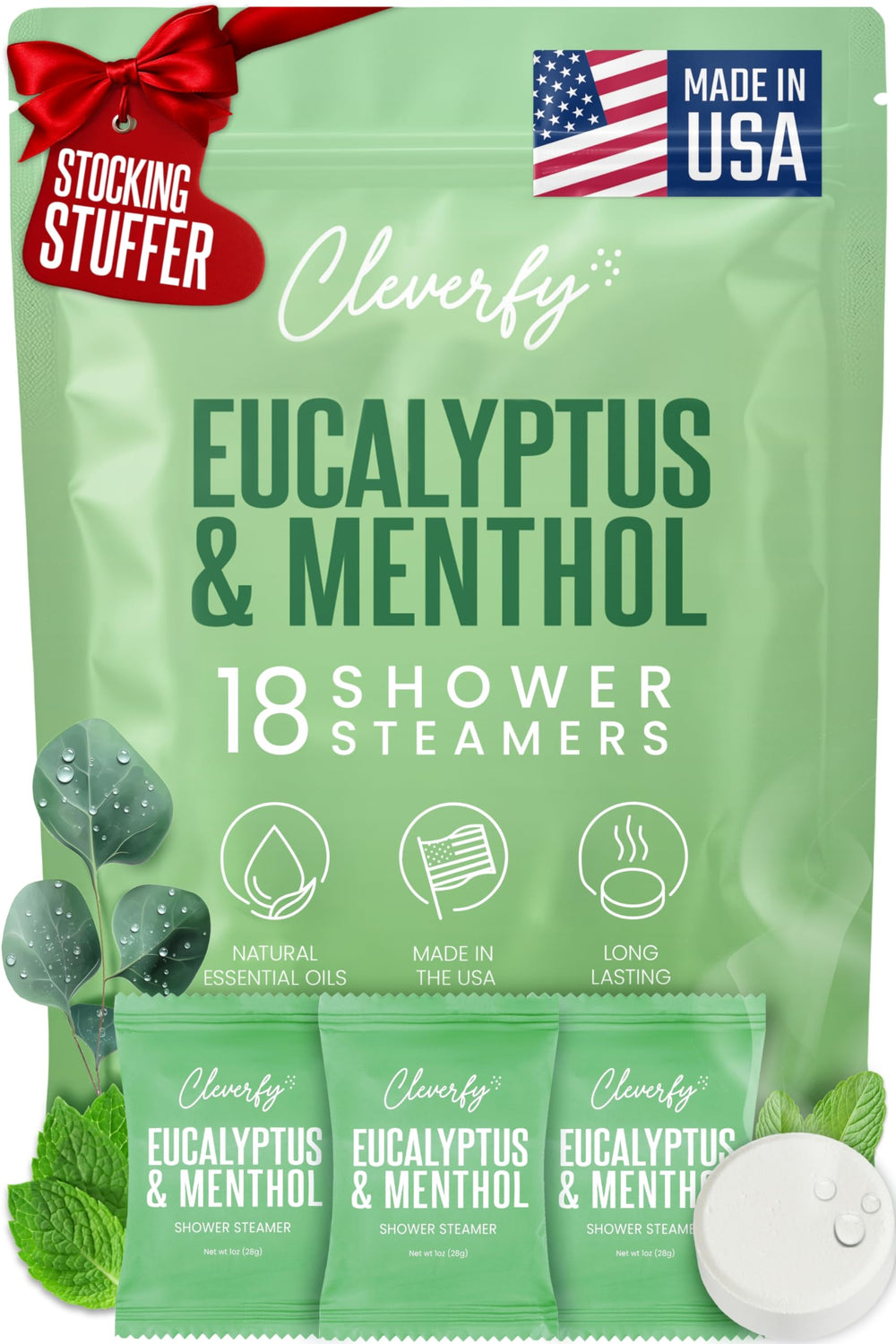Cleverfy Eucalyptus shower steamer packaging presents a gift-ready option for relaxation and self-care.