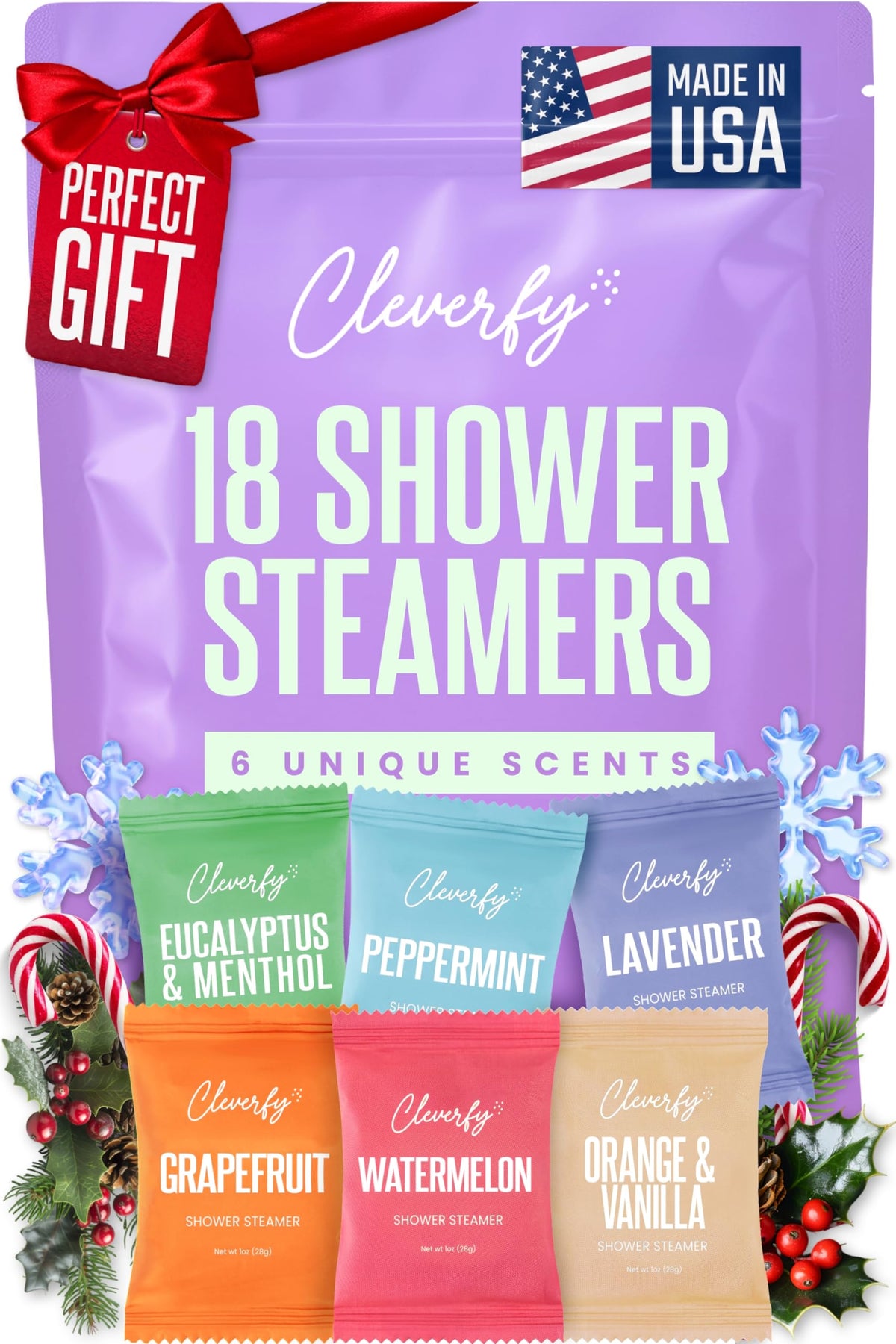 Cleverfy shower steamer lavender pod close-up for a calming shower ritual.