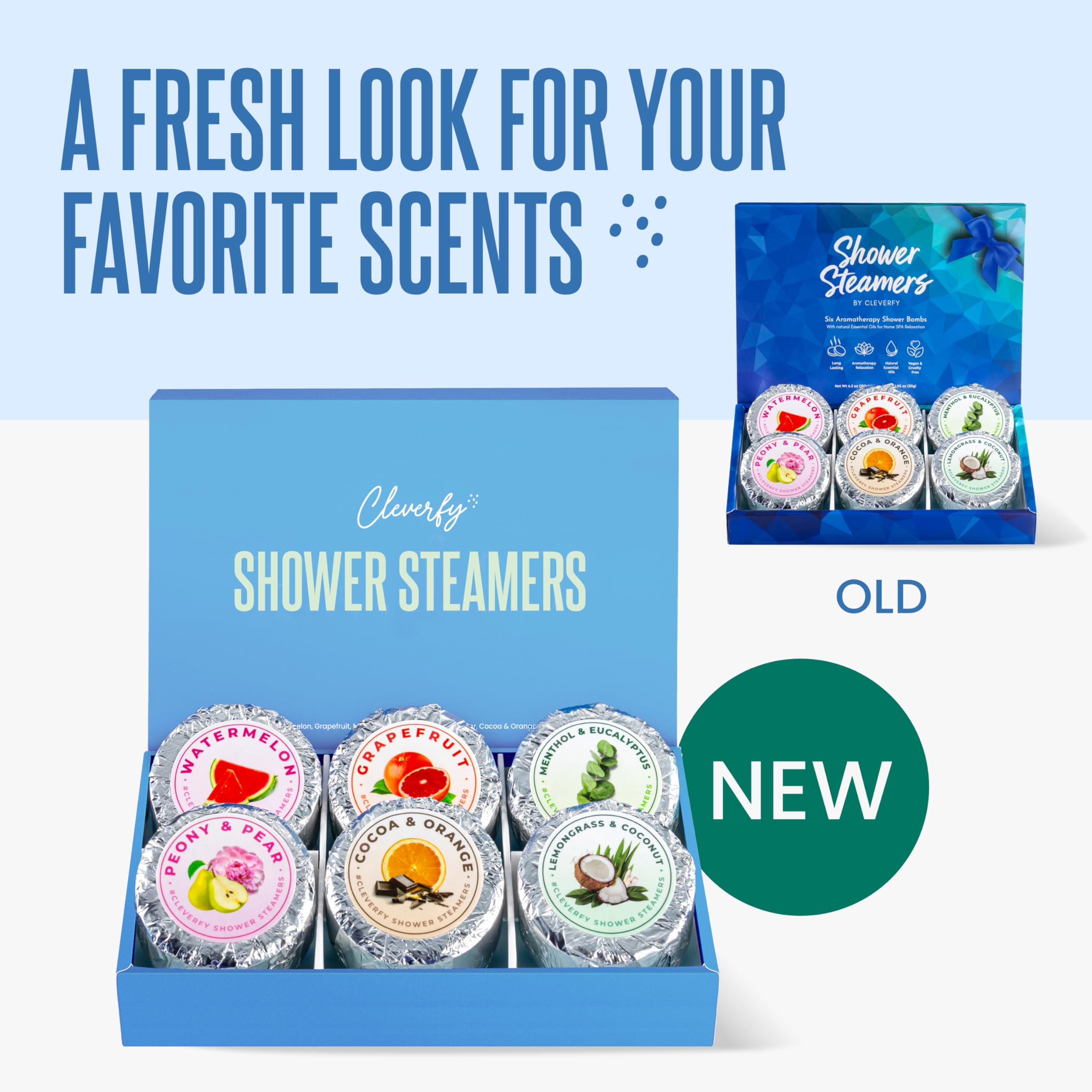 CLEVERFY Shower Steamers packaging on display showing six scent options.