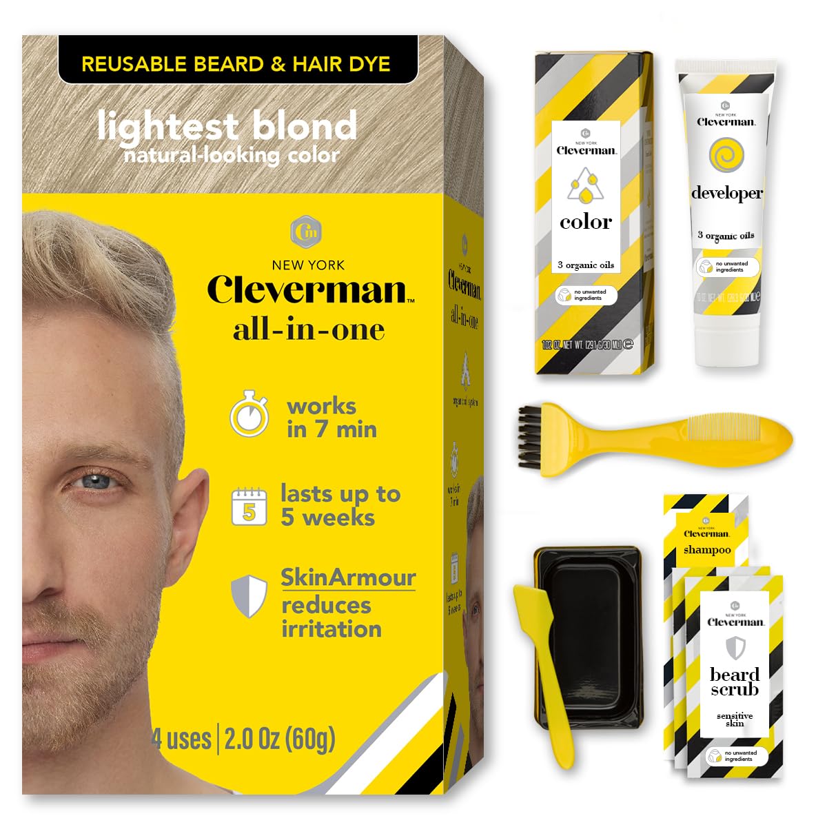 Cleverman Lightest Blond dye kit packaging shows all-in-one at-home color solution