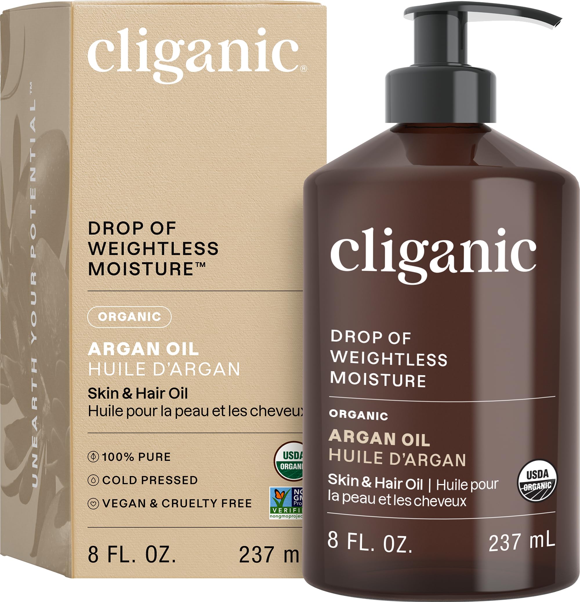 Cliganic Organic Argan Oil 8oz pump bottle, lightweight moisture for hair and skin.