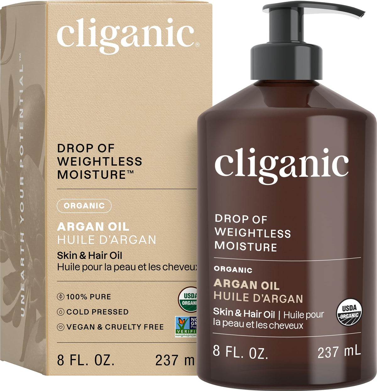 Cliganic Organic Argan Oil 8oz pump bottle, lightweight moisture for hair and skin.