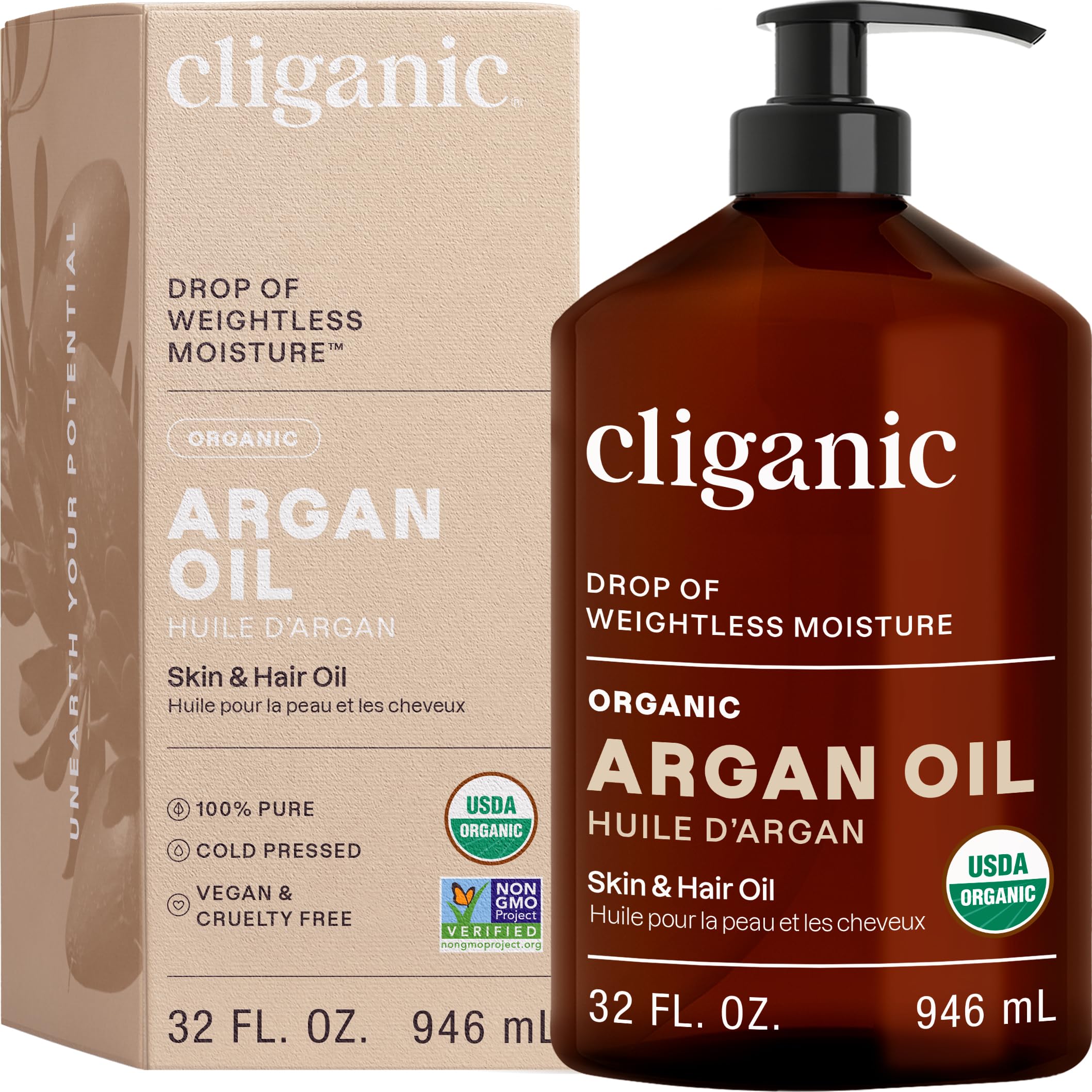 Cliganic Argan Oil bottle front view highlighting versatile hydration for hair and skin.