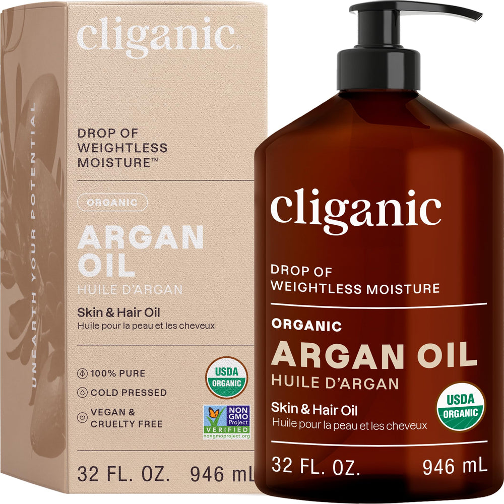 Cliganic Argan Oil bottle front view highlighting versatile hydration for hair and skin.