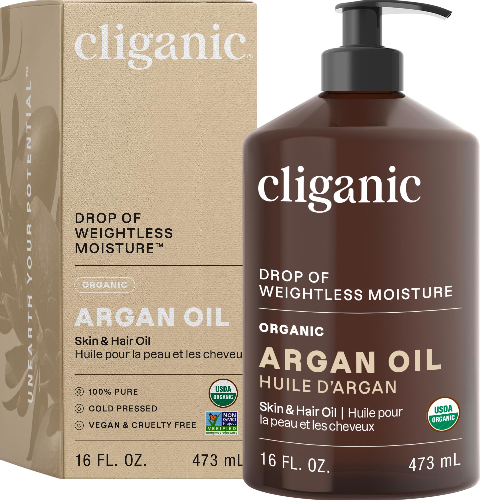 Cliganic Organic Argan Oil bottle with pump for easy skincare application
