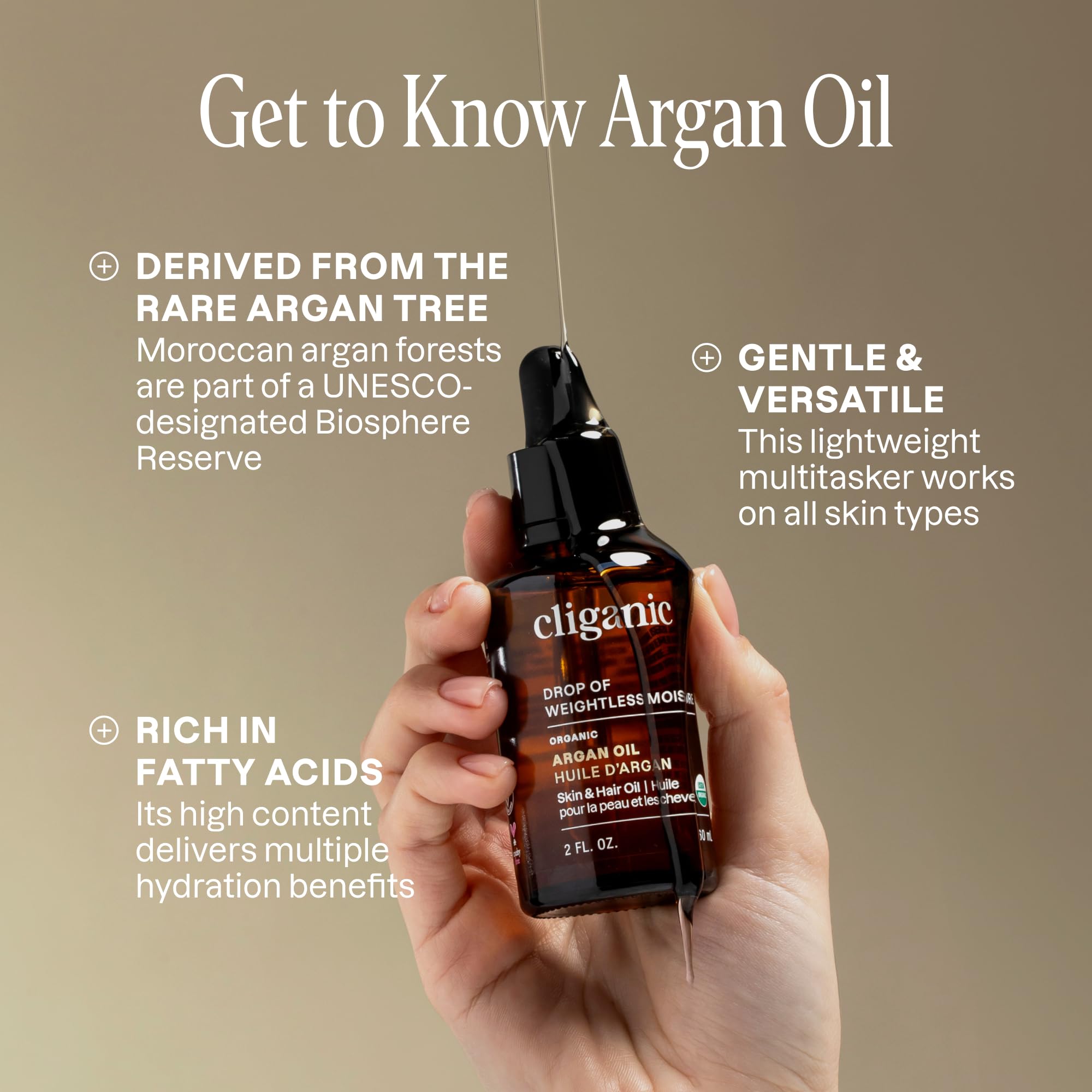 Cliganic Argan Oil label detail displaying organic certification and purity.