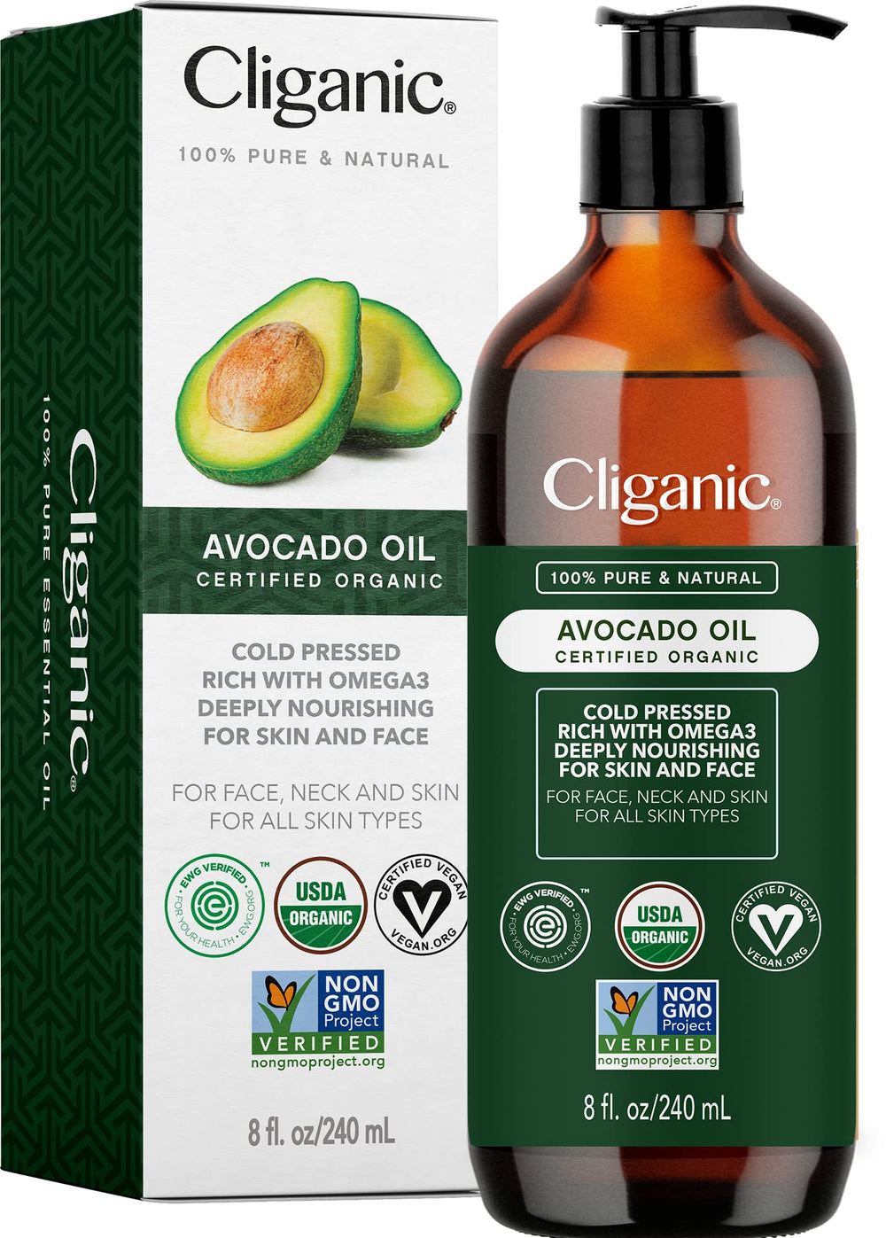 Cliganic Avocado Oil 8oz bottle for skin and hair nourishment