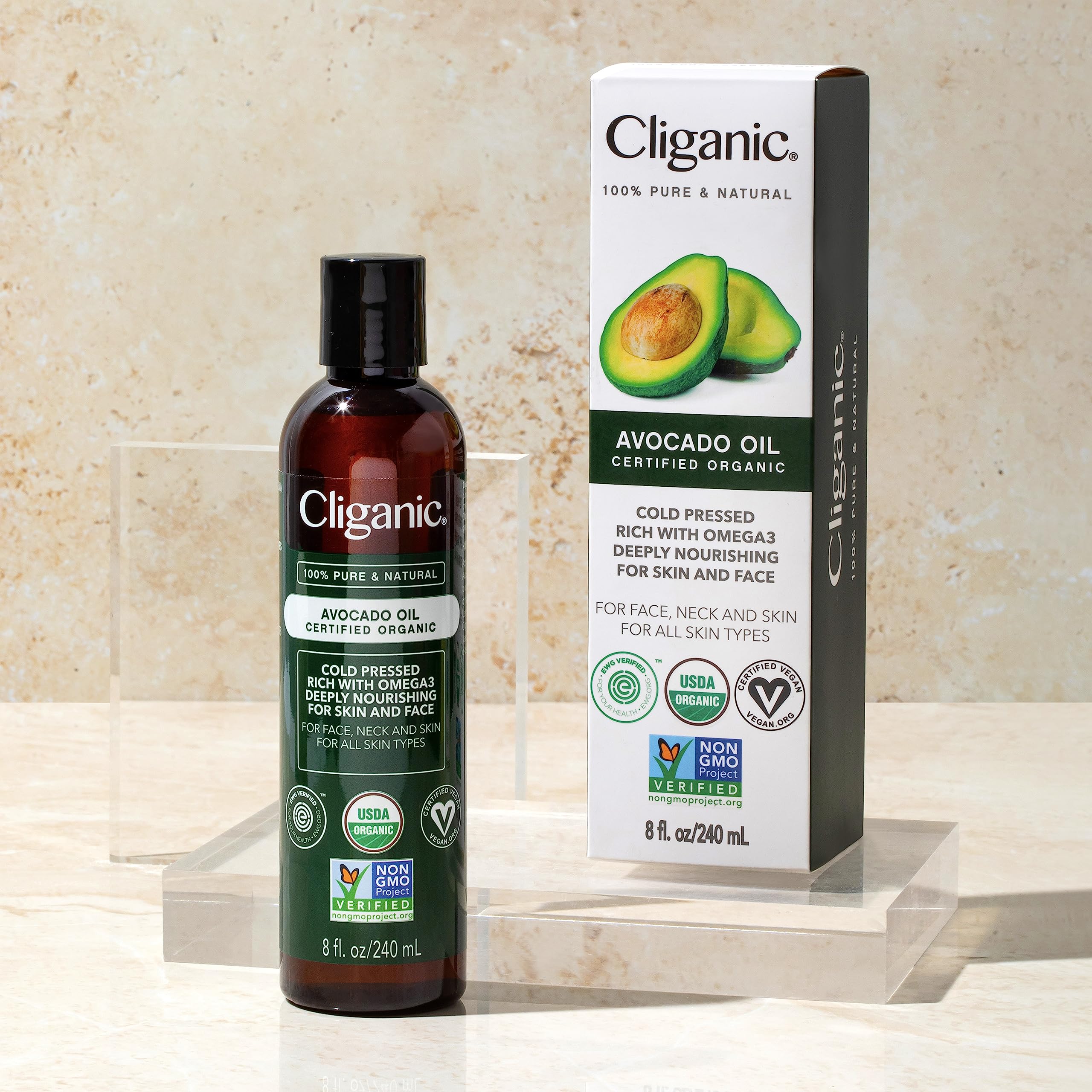 Cliganic Avocado Oil ingredient label shows organic, vegan and cruelty-free certifications