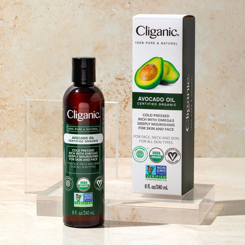 Cliganic Avocado Oil ingredient label shows organic, vegan and cruelty-free certifications