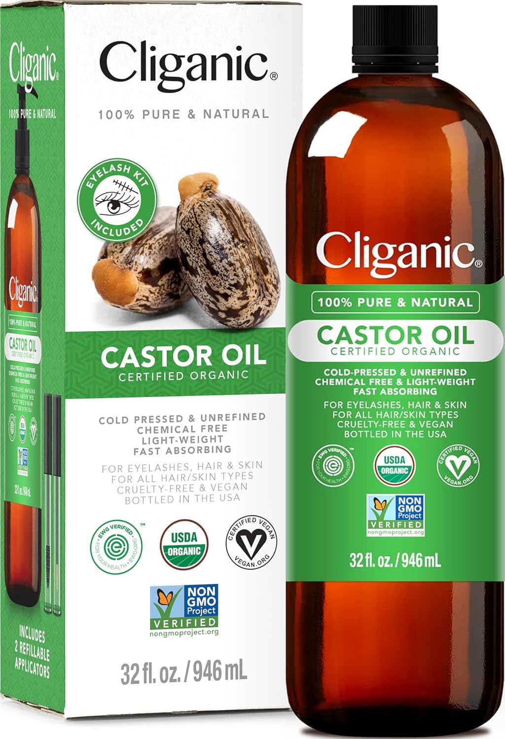 Cliganic castor oil bottle shows pure organic formula for skin and hair care benefits.