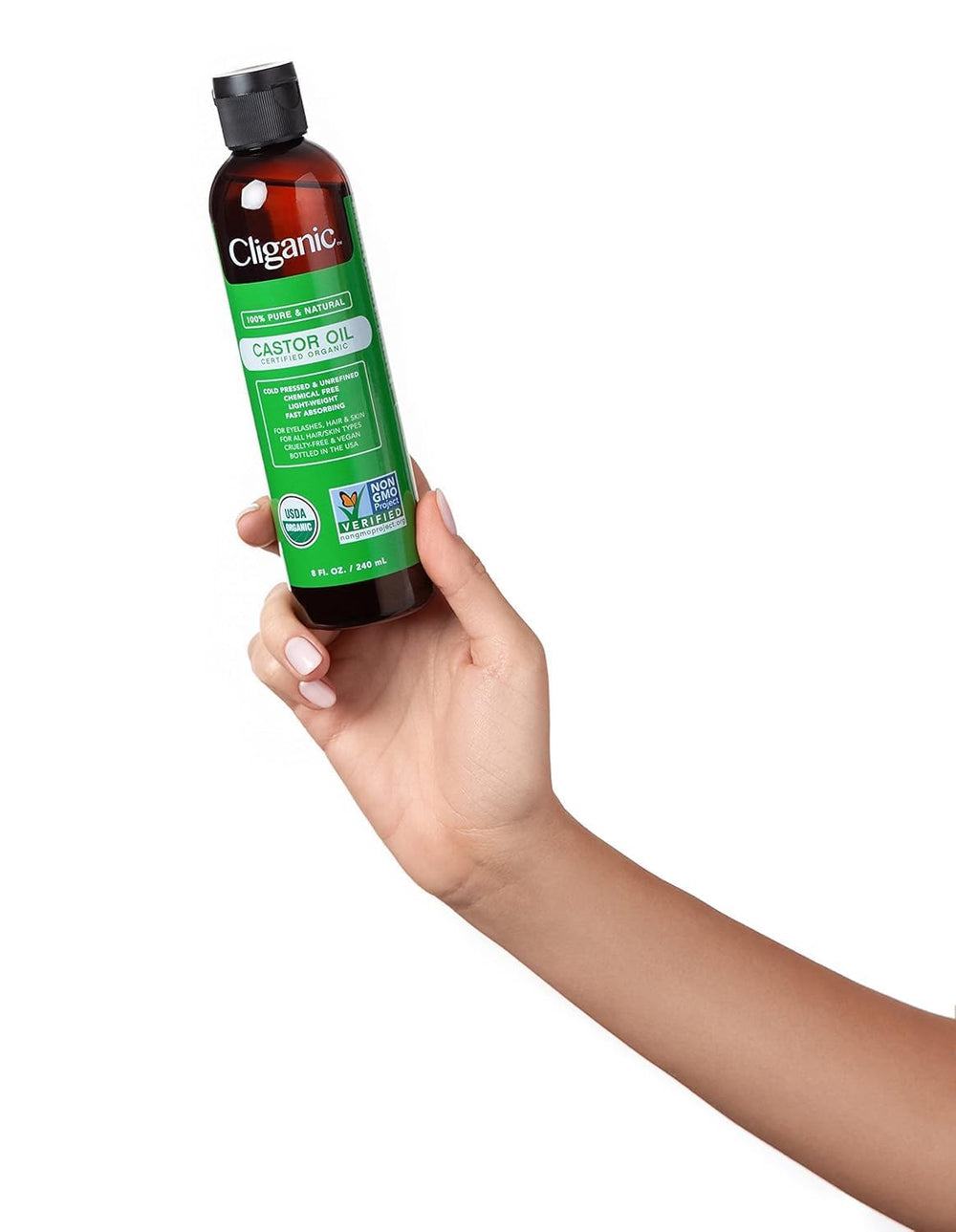 Cliganic castor oil ingredients note non-GMO and vegan with cruelty-free certification.