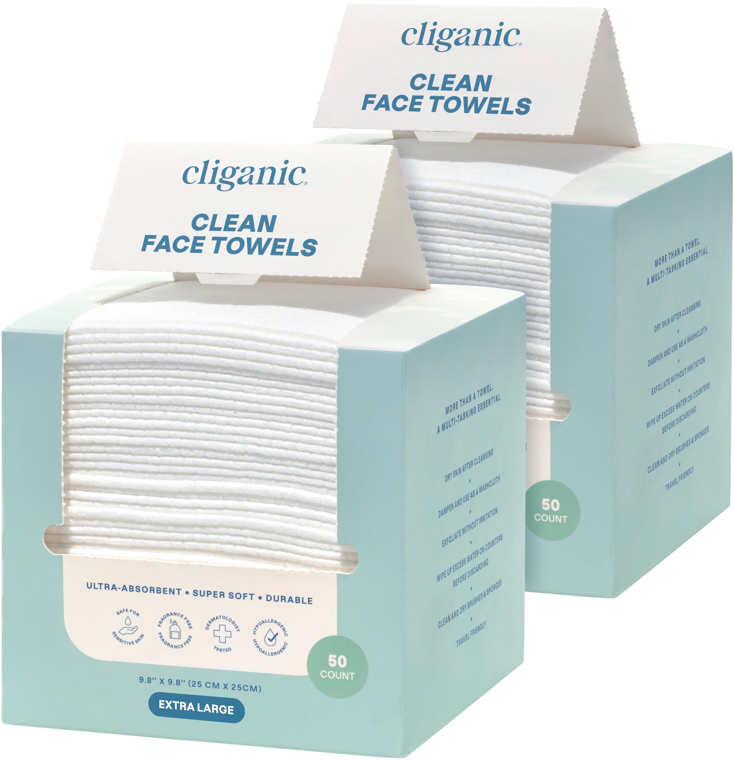 Cliganic Clean Face Towels XL packaging box, eco-friendly packaging for easy disposal.