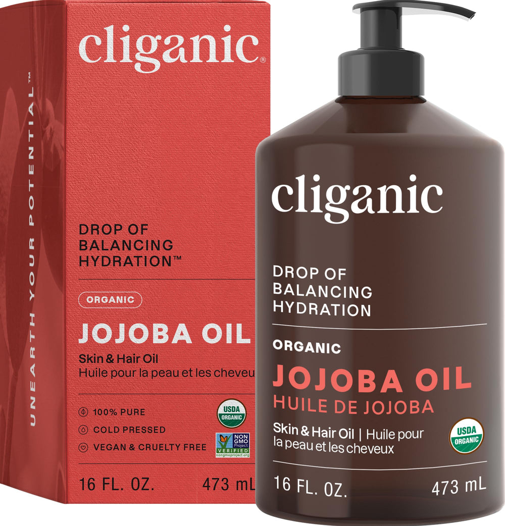 Cliganic Organic Jojoba Oil 16oz bottle front for daily facial hydration.