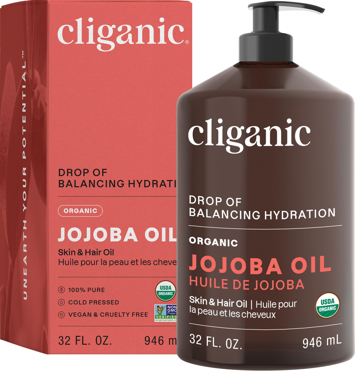 Cliganic Jojoba Oil 32oz bulk with pump for easy, mess-free dispensing