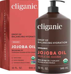 Cliganic Jojoba Oil 32oz bulk with pump for easy, mess-free dispensing