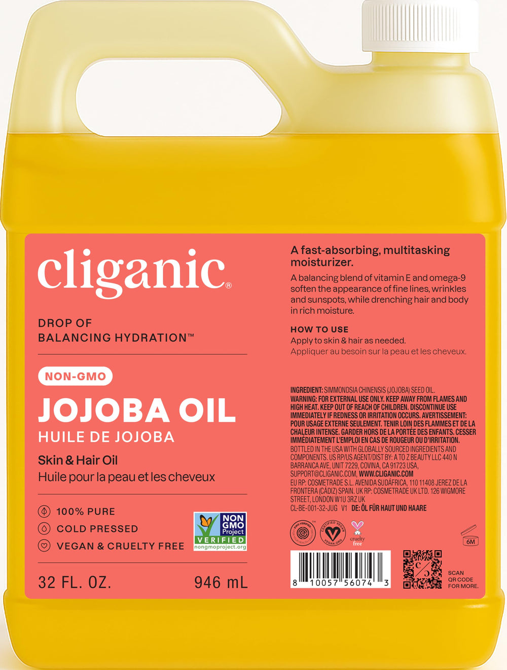 Cliganic Jojoba Oil 32oz bottle pour highlights lightweight, versatile moisturizer for hair and skin