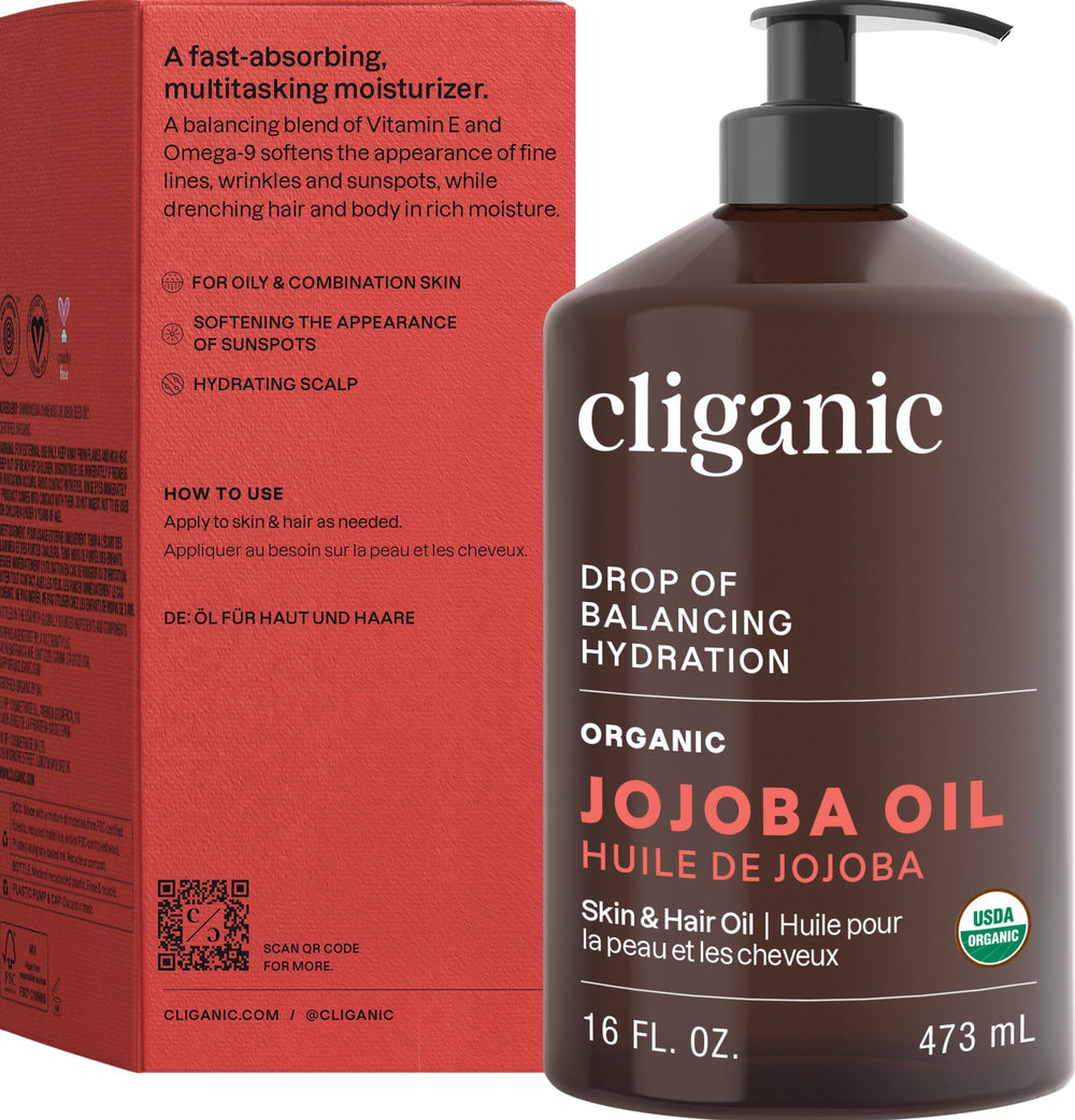 Cliganic Jojoba Oil cruelty-free vegan certification visible on packaging.