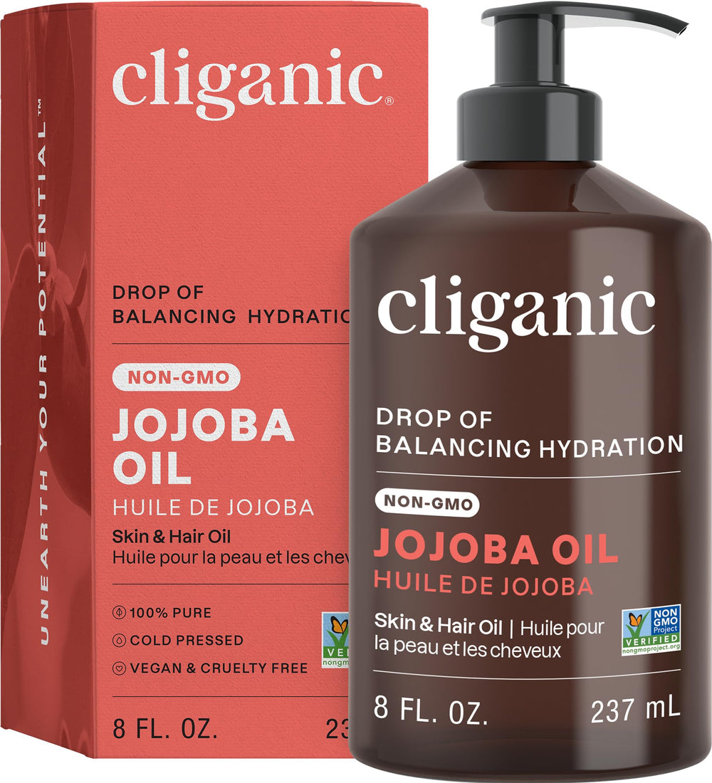 Cliganic jojoba oil pump 8oz bottle demonstrates premium skin and hair nourishment.