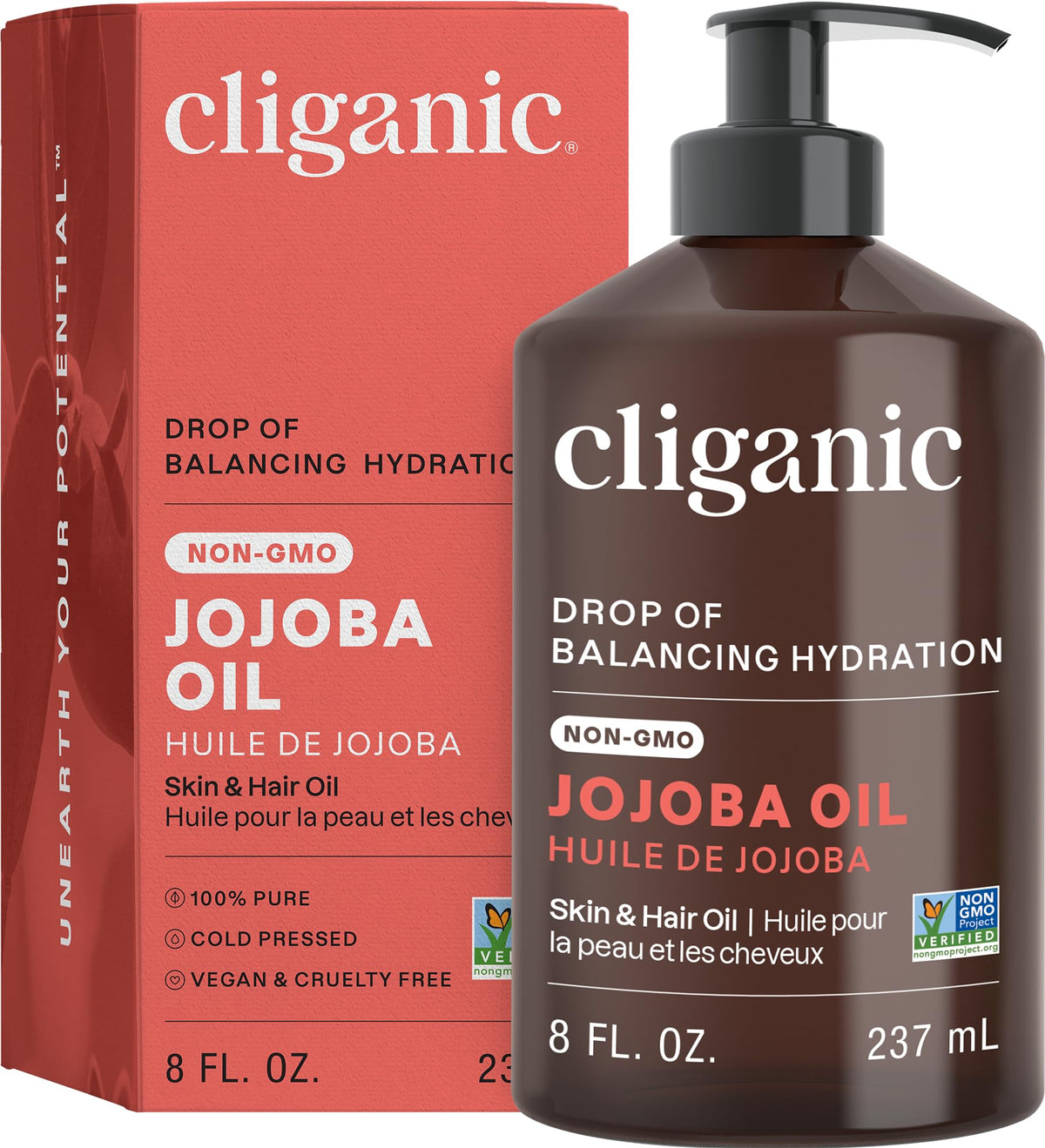 Cliganic jojoba oil pump 8oz bottle demonstrates premium skin and hair nourishment.