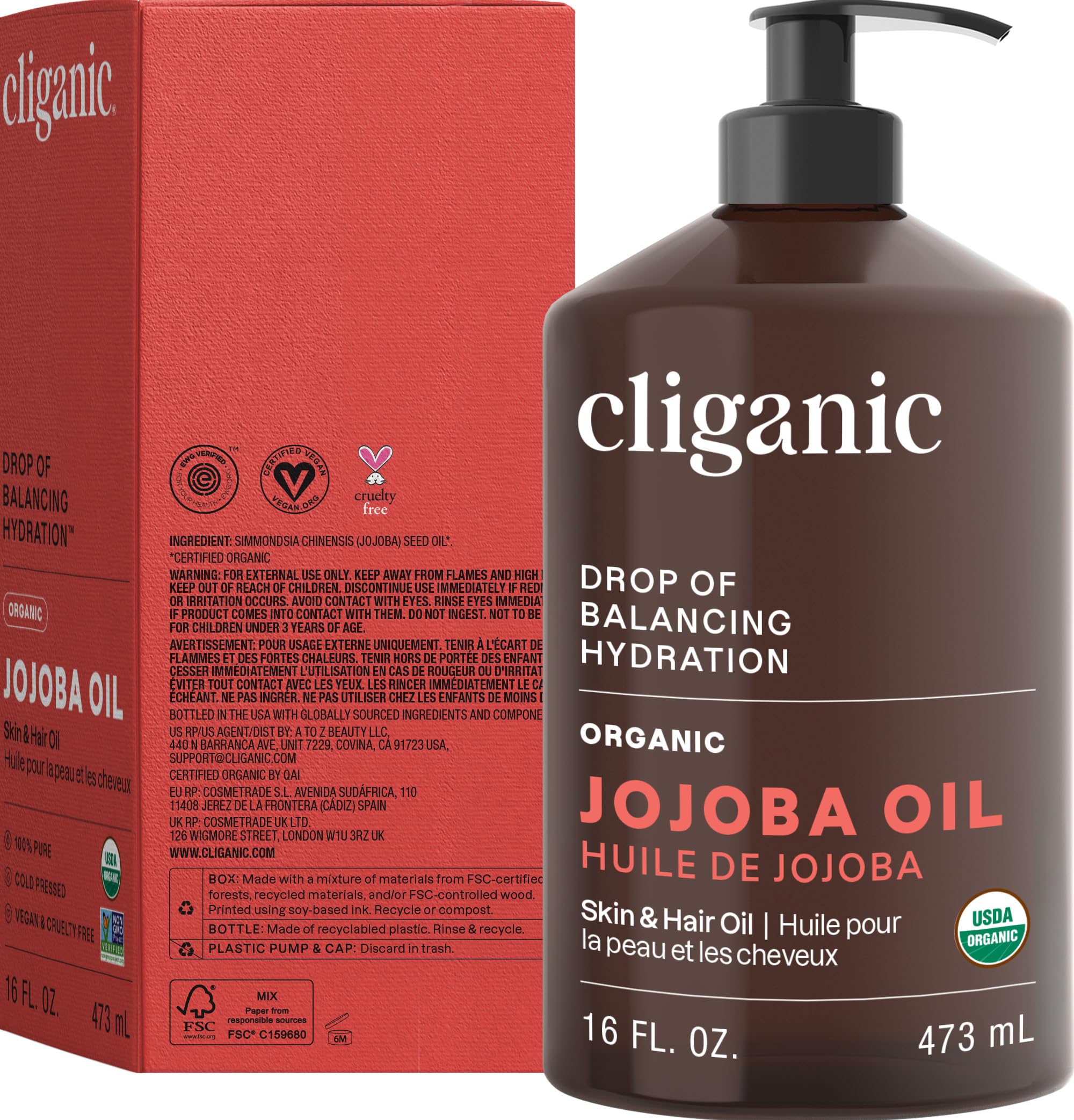 Cliganic Jojoba Oil sustainably sourced label emphasizes responsible production.