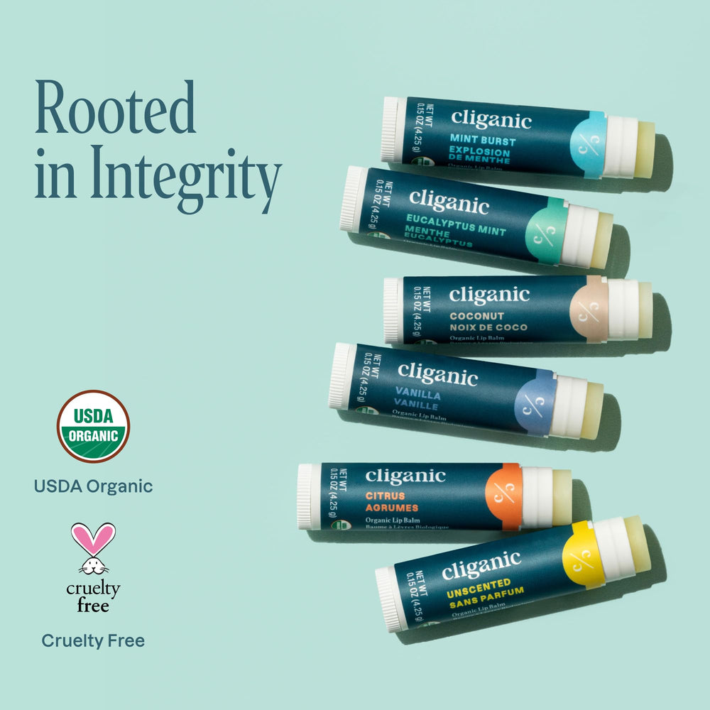 Cliganic lip balm packaging variety image showing travel-friendly set