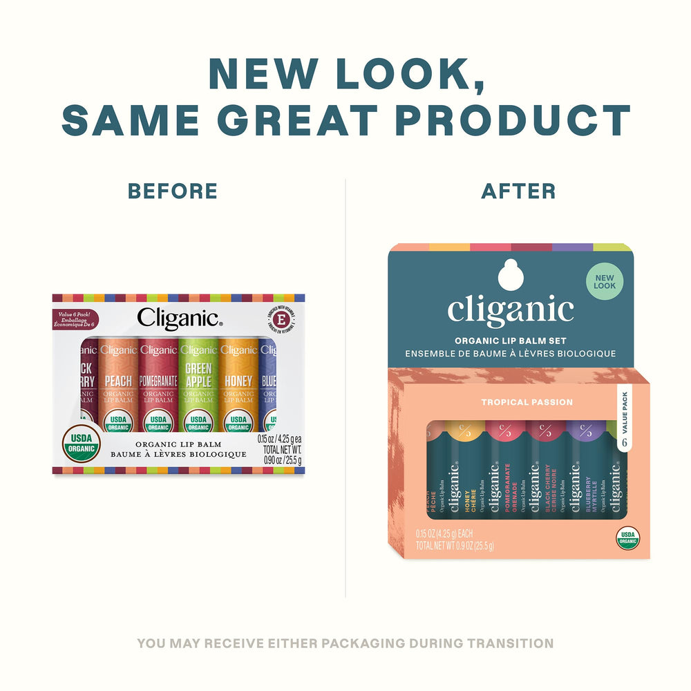 Cliganic Organic Lip Balm Set peach tube offers gentle, fruity hydration for kissable lips.