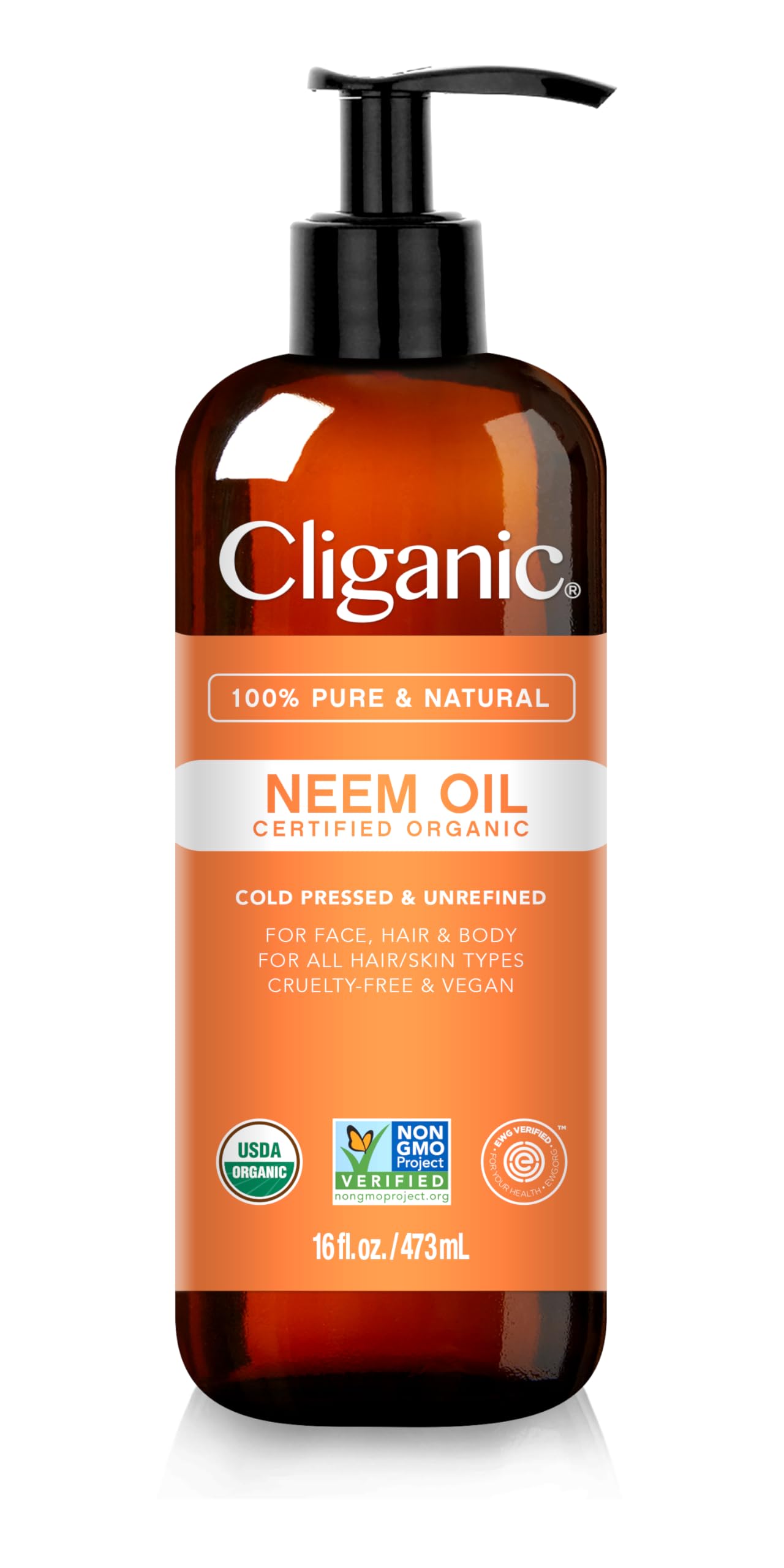 Cliganic Neem Oil bottle-front view, 100% pure cold-pressed oil for skin and plant care.